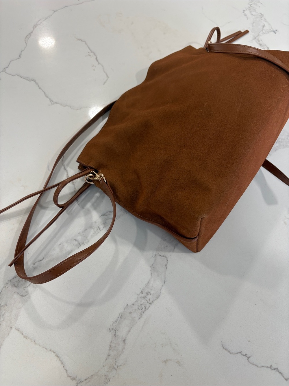 Ann Taylor Cognac Brown Suede Drawstring Shoulder Bag Purse - Picture 10 of 14